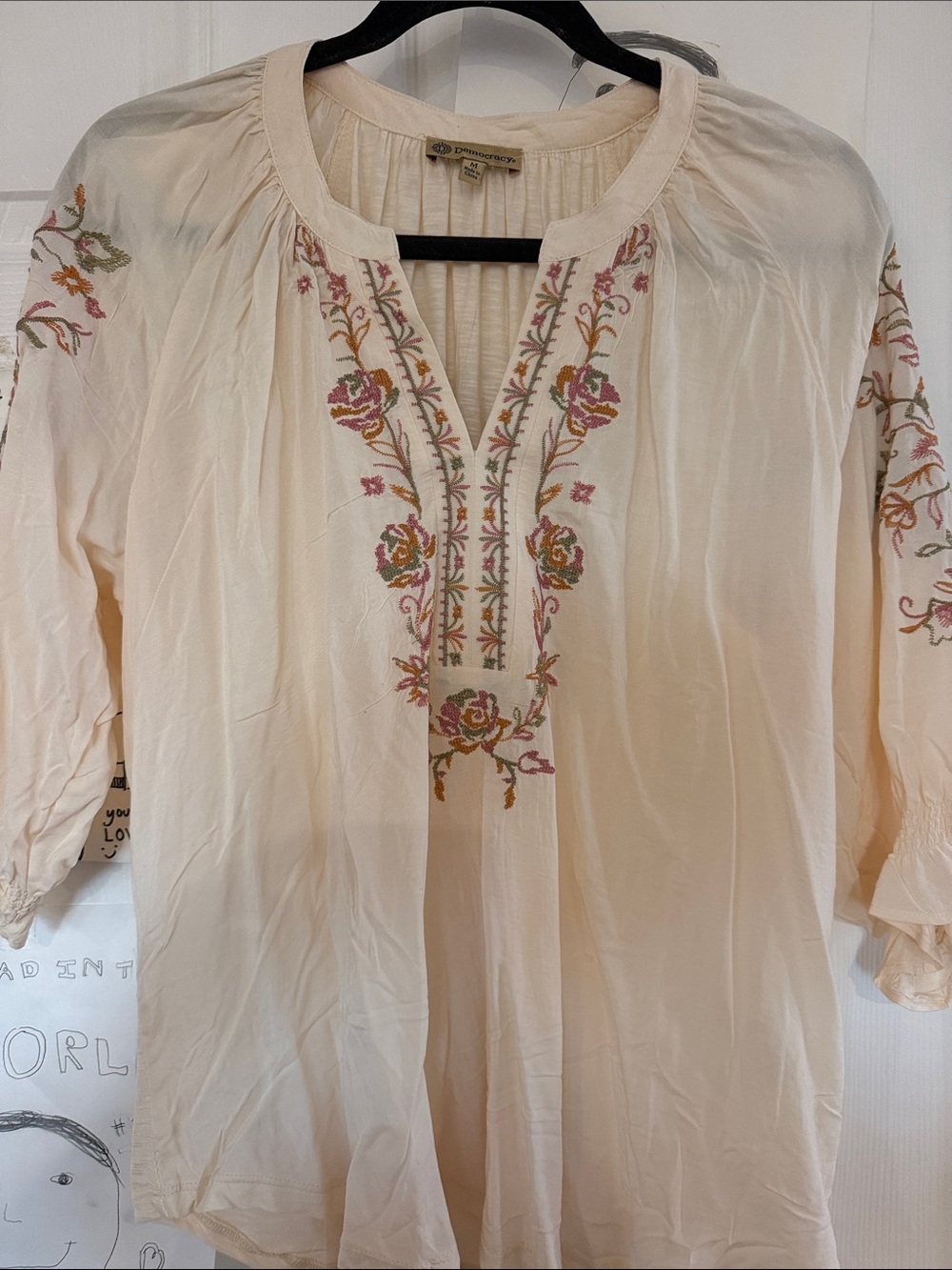 Democracy Boho Embroidered pale pink/peach Peasant Top size med
